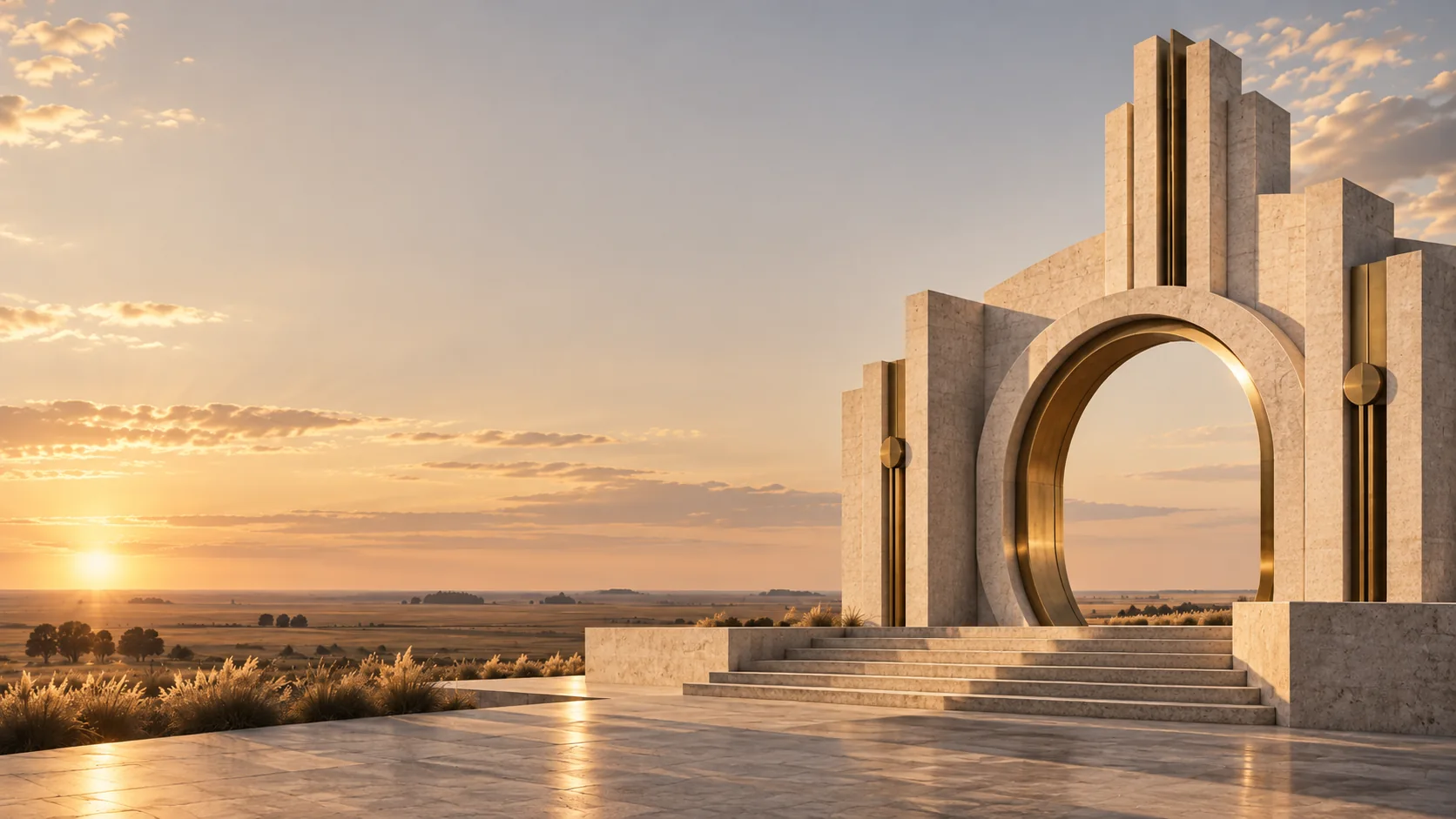 Interpretación artística de un portal geométrico monumental, no una obra real